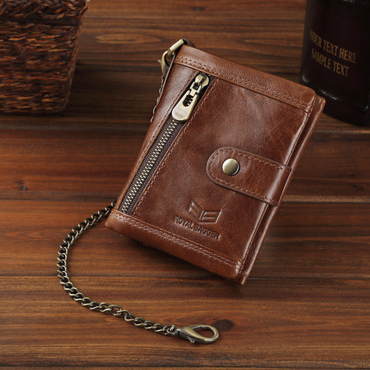 Royal Bagger RFID Block Short Wallets for Men with Chain Strap Male Wallet Genuine Cow Leather Purse Card Holder