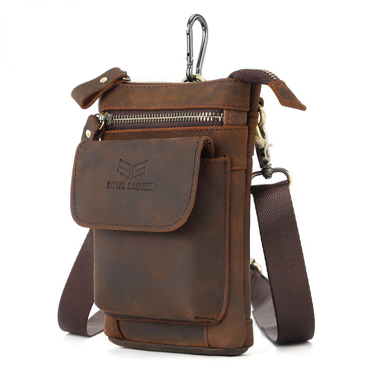 Royal Bagger Waist Pack for Men Crazy Horse Leather Male Small Sling Shoulder Bag Belt Phone Pocket Genuine Cowhide Retro Bags