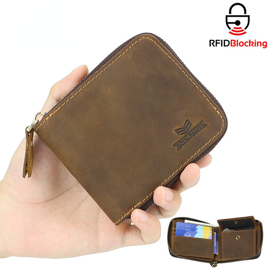 Royal Bagger RFID Short Wallets for Men Crazy Horse Leather Zipper Wallet Genuine Cowhide Simple Card Holder Coin Purse 1580